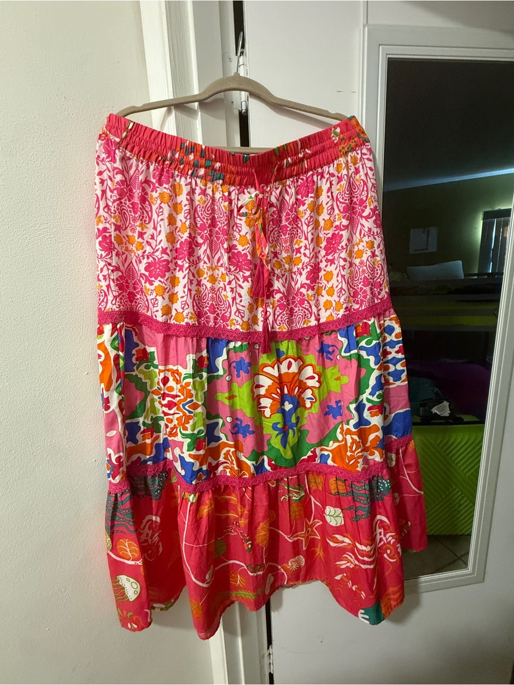 Bright Pink Multicolor Tiered A-Line Maxi Skirt